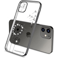 Луксозен силиконов гръб ТПУ FASHION с 3D камъни и  глухарче за Apple Iphone 13 Pro Max 6.7 със черен кант 